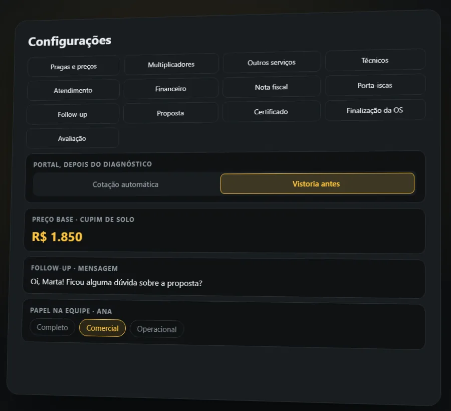 Tela de configurações com as abas e os ajustes de portal, preço, mensagem e papel na equipe